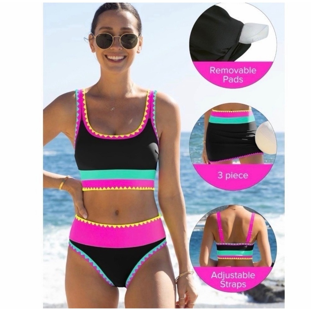 NWT Popvil Neon 3pc Bikini Set High Waist Tummy Control Skirt Black Pink Various - Picture 4 of 8